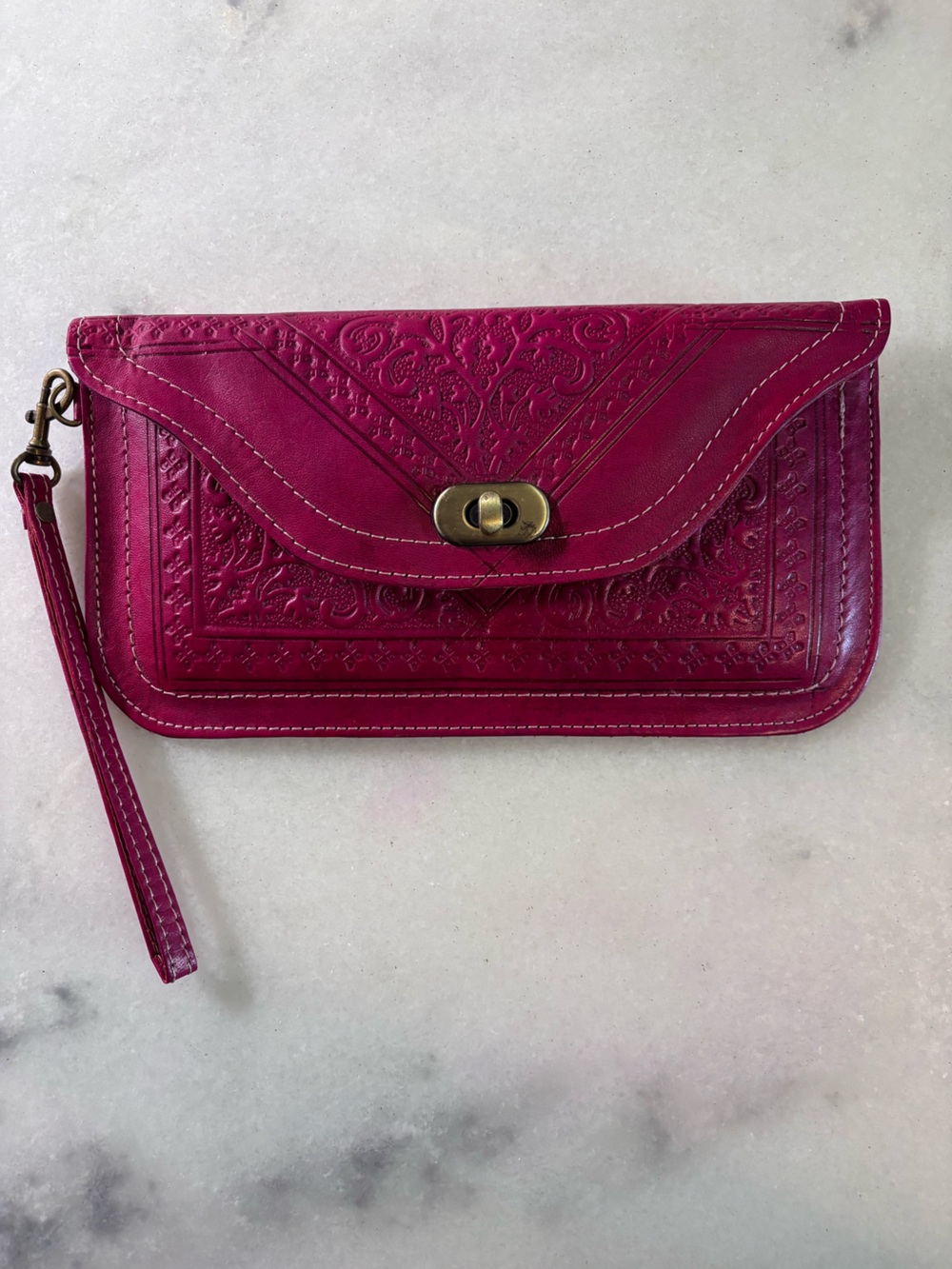 Authentic Moroccan Hand-Tooled Leather Clutch Wallet | Magenta Wristlet